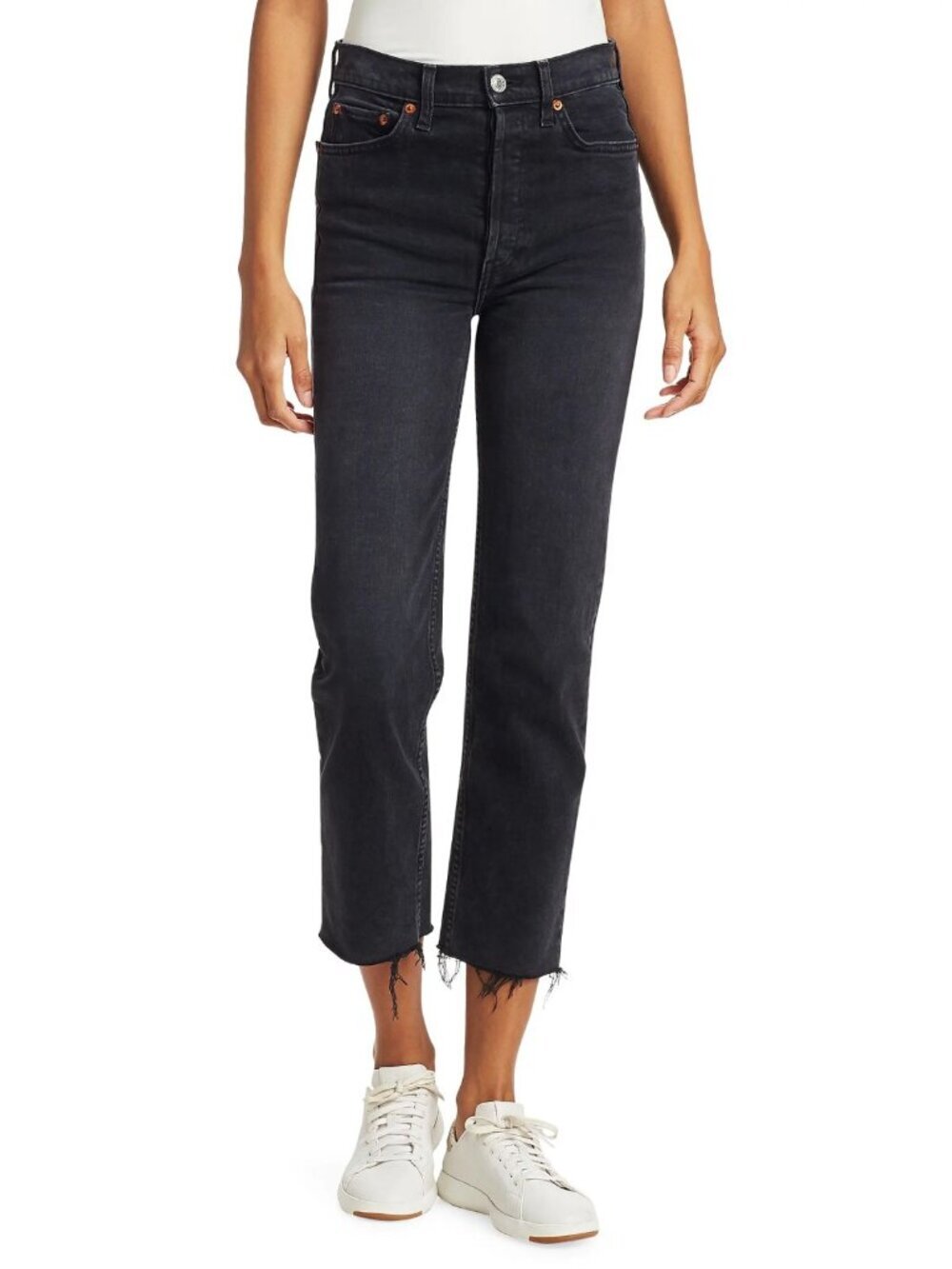 Re/done Faded Black 85 High-Rise Raw-Hem Stretch Stovepipe Jeans 27 8512